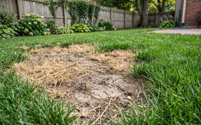 Bare dry patch in a residential lawn requiring hydroseeding patch repair service in South East Queensland